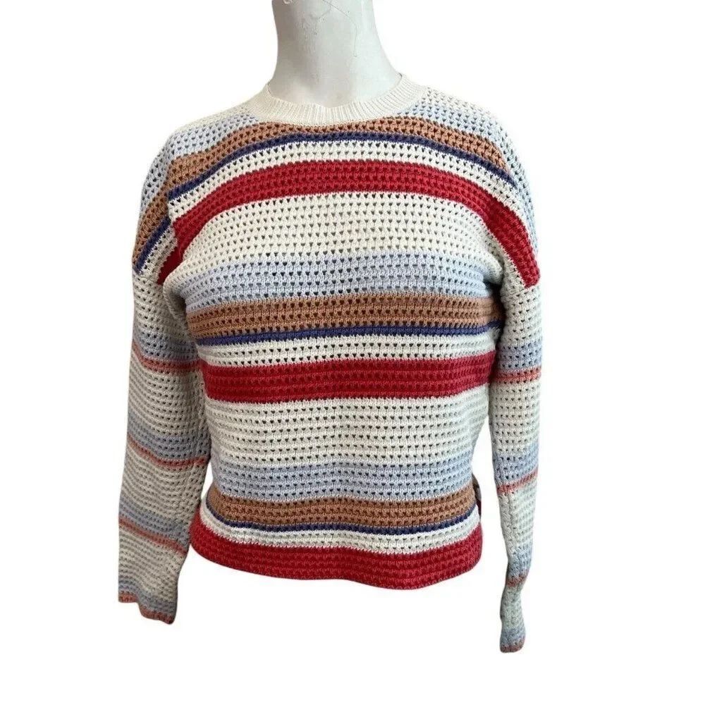 JOIE Ladies XS Striped Sweater Crochet Open Weave Crop Top Multicolor Diza